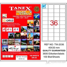 Tanex TW-2036 45x30 mm Laser Etiket 100 Ad.