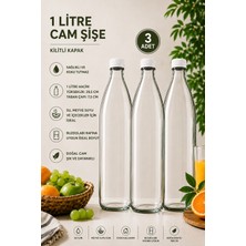 Rotanev 3 Adet Plastik Kapaklı Cam Şişe 1 Litre Şeffaf Sürahi Süt, Ayran, Su, Limonata Meşrubat Şişesi