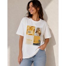 Cns Woman Sarı Detaylı Baskılı Oversize T-Shirt - Ekru