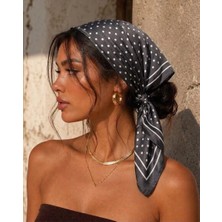 Revam Collection Siyah Puantiye Desenli Saten Fular Bandana Şal Kadın 70 x 70 cm Günlük Kullanım