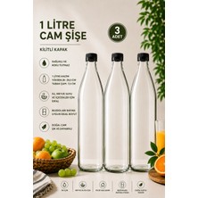 Rotanev 3 Adet Plastik Kapaklı Cam Şişe 1 Litre Şeffaf Sürahi Süt, Ayran, Su, Limonata Meşrubat Şişesi