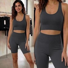 Mercan Kids Kadın Fitilli Yüksek Bel Toparlayıcı Crop & Şort Takım (2'li Set)