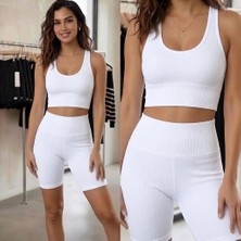 Mercan Kids Kadın Fitilli Yüksek Bel Toparlayıcı Crop & Şort Takım (2'li Set)