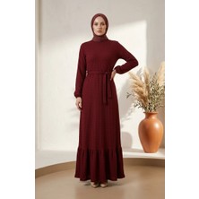 Sefa Merve Gofre Kumaş Kolu Lastikli Tesettür Elbise 5588-01 Bordo