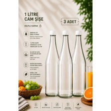 Rotanev 3 Adet Şerbetlik Plastik Kapaklı Cam Şişe 1 Litre Şeffaf Sürahi Süt, Ayran, Su, Limonata Meşrubat Şişesi
