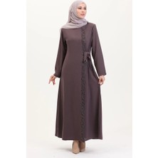 Sefa Merve Büyük Beden Yandan Bağlamalı Taşlı Ferace 5075-07 Sütlü Kahve