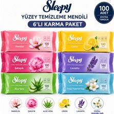 Sleepy Yüzey Temizleme Mendili 6'lı Karma Paket Manolya Şakayık Aloe Vera Limon Lavanta Yasemin Çok Amaçlı Islak Temizlik Mendili
