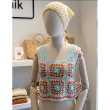 Linas Collection El Örgüsü Motifli Crop Top ve Incili Bandana Ikili Kombin Set