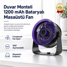 Hızlı Store Duvar Monteli Masaüstü Fan  1200 mAh Bataryalı, 360° Ayarlanabilir, 5 Kademeli Taşınabilir Fan