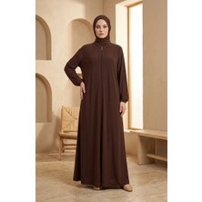 Sefa Merve Kolu Lastikli Fermuarlı Ferace 0327-02 Kahverengi
