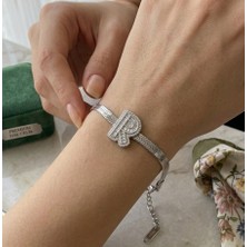 Fm 💎 Premium Gümüş Renk Parlak Taşlı 316L Çelik R Harf Bileklik (23CM Uzunluk)