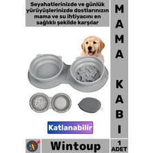 Wintoup #mamakabı Silikon Portatif Seyahat Tipi Kedi Köpek Gri Yavaş Yeme Katlanabilir Ikili Mama Su Kabı