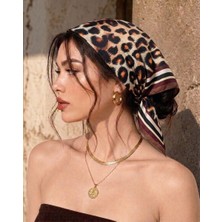 Revam Collection Leopar Desenli Fular Bandana Şal Kahverengi Bej Turuncu Saten Pamuk Malzeme