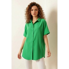 buğrahayalin Kadın Kısa Kol Oversize Pamuklu Yeşil Gömlek
