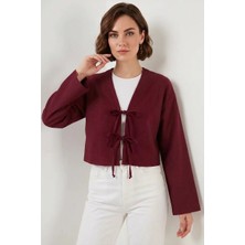 buğrahayalin Kadın V Yaka Önü Bağlamalı Keten Bordo Kimono