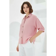 buğrahayalin Kadın Oversize Kesim Kısa Kol Keten Pembe Gömlek