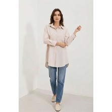 buğrahayalin Kadın Oversize Çizgili Pamuklu Bej Gömlek