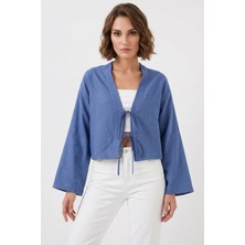 buğrahayalin Kadın V Yaka Önden Bağlamalı Önü Keten Indigo Kimono