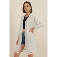 buğrahayalin Kadın V Yaka Fırfırlı Püsküllü Kenar Beyaz Kimono