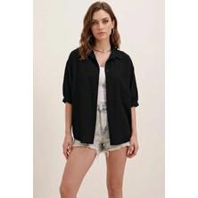 buğrahayalin Kadın Kısa Kol Basic Oversize Pamuklu Siyah Gömlek