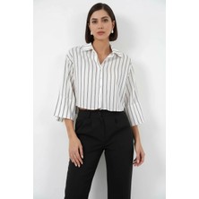 buğrahayalin Kadın Oversize Çizgili Viskon Beyaz Gömlek