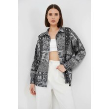buğrahayalin Kadın Oversize Desenli Saten Antrasit Gömlek
