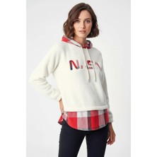 buğrahayalin Kadın Kapüşonlu Ekose Desenli Beyaz Sweatshirt