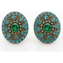 Zeino Yeşil Zirkon Taşlı Vintage Küpe - 925 Ayar Gümüş Çivili - Altın Rengi Kaplama - 18 mm
