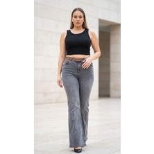 Zanessi Fashion Büyük Beden Yüksek Bel Kemerli Bol Paça Denim Kadın Panton