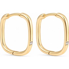 Zeino Zirkon Tektaş Detaylı Kare Halka Küpe - 14K Altın Kaplama - 2 cm