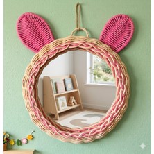 El Örgüsü Çocuk Odası Aynası- Rattan Pembe Kulaklı Dekoratif Ayna