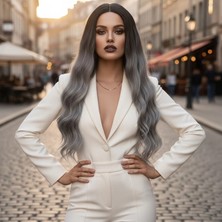 MiraLive Fiber Sentetik Uzun Su Dalgası Peruk - Siyah Gri Ombreli