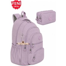Alanç Gift Ultra Lüks Unisex Krinkıl Kumaş Lise, Ortaokul Sırt Çantası ve Çift Bölmeli Kalemlik, Anahtarlık Hediyeli