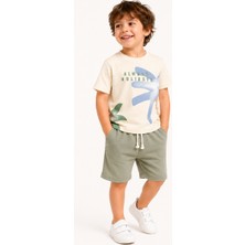 Tucan Kids Erkek Çocuk Yazlık Tişört ve Şort Takımı %100 Pamuk Ekru Haki 2'li Takım 2-3-4-5 Yaş