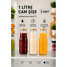 3 Adet 1 Litre Şeffaf Sürahi Süt, Ayran, Su, Limonata, Meşrubat Şişesi Metal Gold Kapaklı Cam Şişe