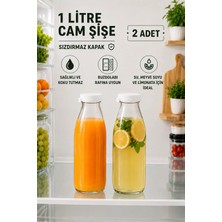 2 Adet Beyaz Plastik Kapaklı 1 Litre Şeffaf Sürahi Süt, Ayran, Su, Limonata Meşrubat Şişesi Cam Şişe