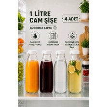 4 Adet Beyaz Plastik Kapaklı Cam Şişe 1 Litre Şeffaf Sürahi Süt, Ayran, Su, Limonata Meşrubat Şişesi