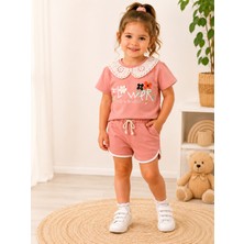 Tucan Kids Kız Çocuk Yazlık Yakalı Tişört ve Şort Takımı %100 Pamuk Pembe 2'li Takım 2-3-4-5 Yaş