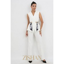Zishan Fashion Krep Kruvaze Yelekli Takım Elbise - Premier Seri - Siyah / Beyaz / Latte 36051