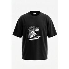 Anetos White Rabbit Cat Tasarım Sırt Baskılı Pamuk Siyah Oversize T-Shirt