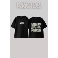 Anetos Money Power Tasarım Sırt Baskılı Pamuk Siyah Oversize T-Shirt