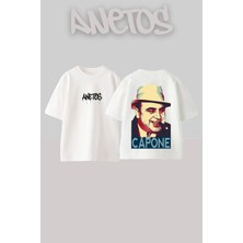Anetos Al Capone Tasarım Sırt Baskılı Pamuk Beyaz Oversize T-Shirt