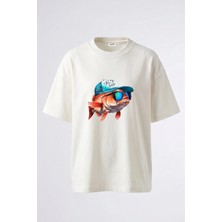 Anetos Salty Fish Tasarım Sırt Baskılı Pamuk Beyaz Oversize T-Shirt