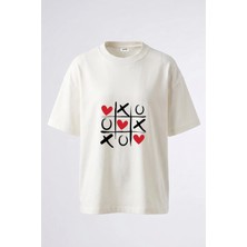 Anetos Xoxo Hearts Tasarım Sırt Baskılı Pamuk Beyaz Oversize T-Shirt