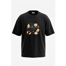 Anetos Seashells Starfish Tasarım Sırt Baskılı Pamuk Siyah Oversize T-Shirt