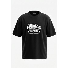 Anetos Hungry Tired Cat Tasarım Sırt Baskılı Pamuk Siyah Oversize T-Shirt