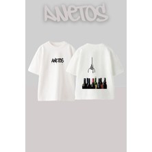 Anetos Wine Claw Tasarım Sırt Baskılı Pamuk Beyaz Oversize T-Shirt