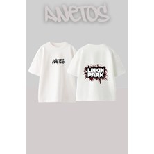 Anetos Linkin Park 5 Tasarım Sırt Baskılı Pamuk Beyaz Oversize T-Shirt