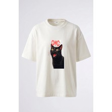 Anetos Omg Cat Tasarım Sırt Baskılı Pamuk Beyaz Oversize T-Shirt