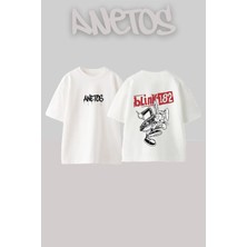 Anetos Blink 182 1 Tasarım Sırt Baskılı Pamuk Beyaz Oversize T-Shirt